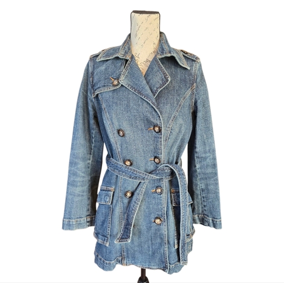 Ethyl Vintage Denim Jackets & Blazers - Ethyl Denim Medium Blue Wash Double Breasted Jean Trench Jacket S
